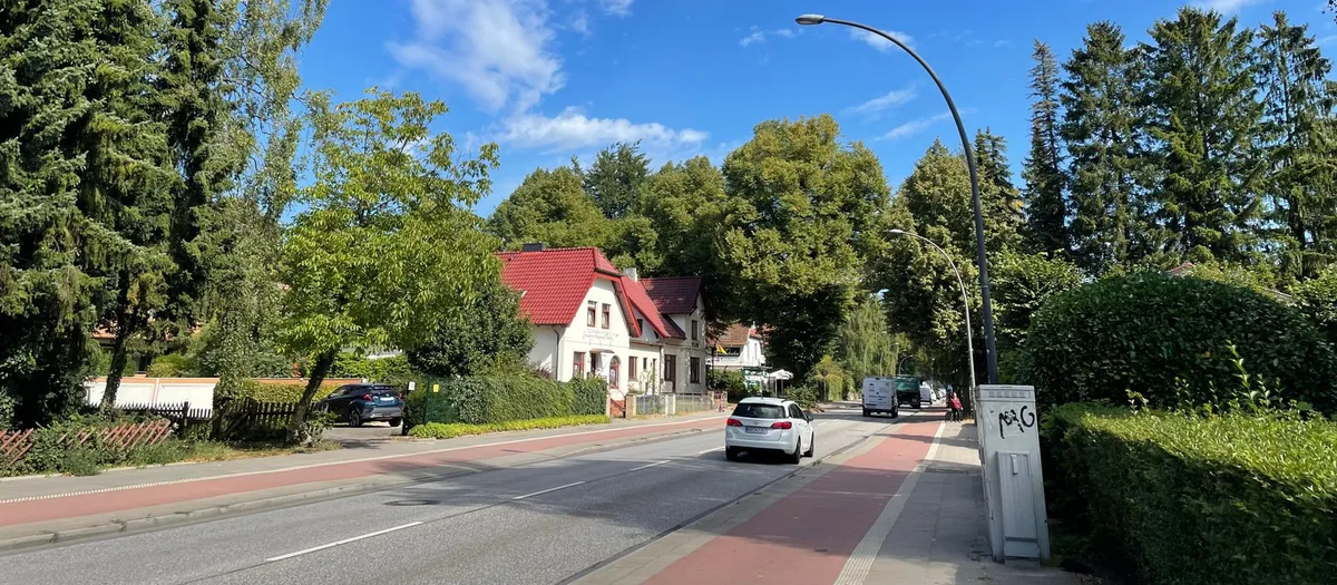 Ortsdurchfahrt mit rot markiertem Radstreifen, hohen Nadelbäumen, Hecken und einem weißen Haus mit rotem Dach