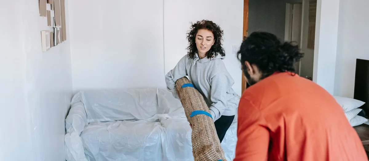 Zwei Helfer tragen einen zusammengerollten Teppich durch ein Zimmer, im Hintergrund ein mit Folie abgedecktes Sofa